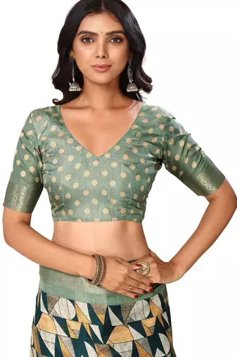 blue ajrakh print silk blend ready to wear saree with pocket | pre draped party wear saree