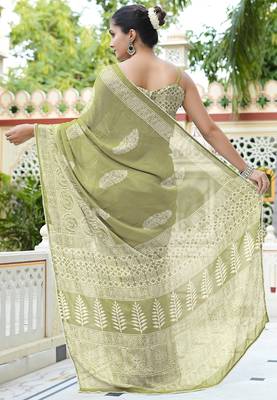 green ajrakh print chiffon ready to wear saree | pre draped party wear saree 2
