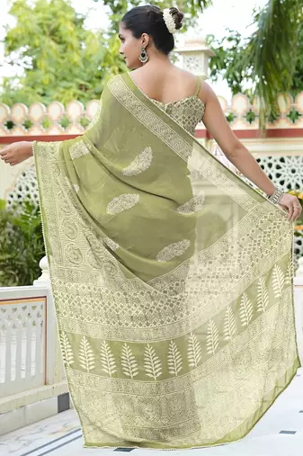 green ajrakh print chiffon ready to wear saree | pre draped party wear saree