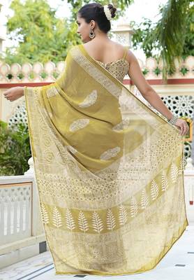 mustard ajrakh print chiffon ready to wear saree | pre draped party wear saree 4