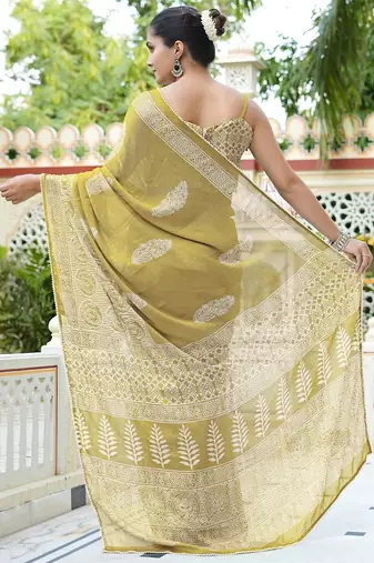 mustard ajrakh print chiffon ready to wear saree | pre draped party wear saree