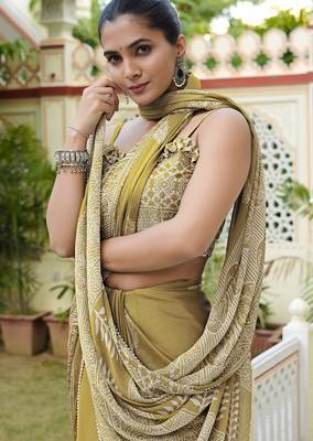 mustard ajrakh print chiffon ready to wear saree | pre draped party wear saree 5