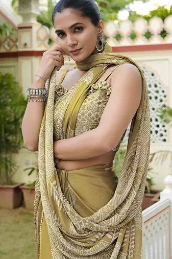 mustard ajrakh print chiffon ready to wear saree | pre draped party wear saree
