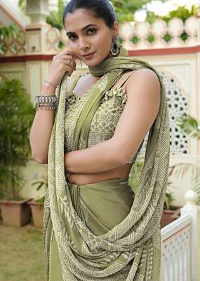 green ajrakh print chiffon ready to wear saree | pre draped party wear saree 4