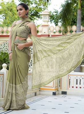 green ajrakh print chiffon ready to wear saree | pre draped party wear saree 5