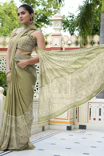 green ajrakh print chiffon ready to wear saree | pre draped party wear saree