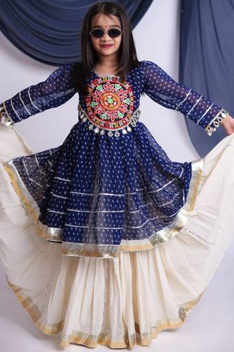 Navaratri special real mirror & gamthi lace work lehenga with patch work top for kids