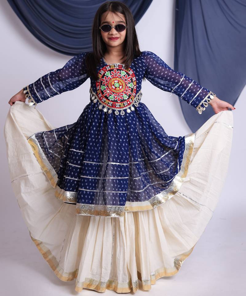 Navaratri special real mirror & gamthi lace work lehenga with patch work top for kids