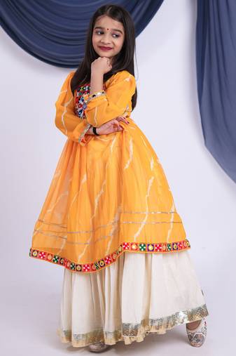 Navaratri special real mirror & gamthi lace work lehenga with patch work top for kids