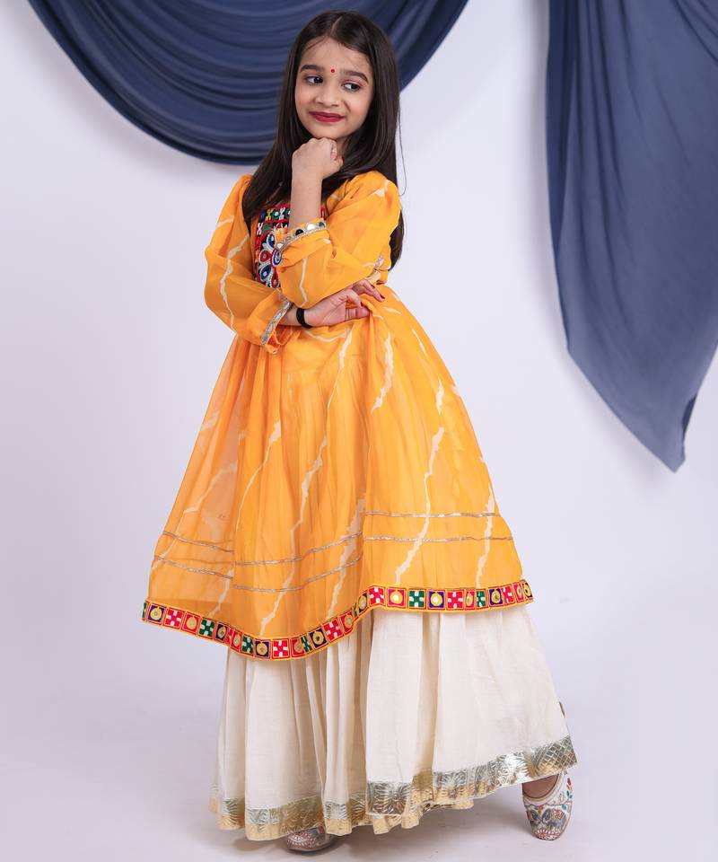 Navaratri special real mirror & gamthi lace work lehenga with patch work top for kids