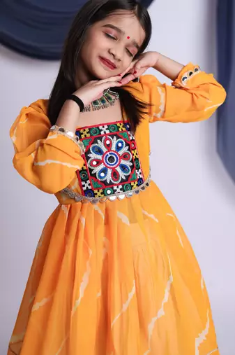 Navaratri special real mirror & gamthi lace work lehenga with patch work top for kids