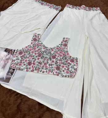 white sequins silk blend chiffon salwar suit - free size 4