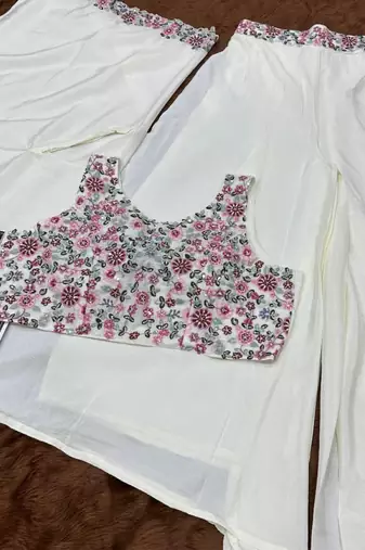 white sequins silk blend chiffon salwar suit - free size