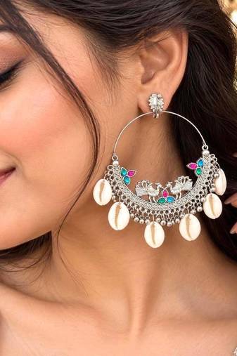 Oxidized Silver Hoop Earrings, Cowrie Shell Statement Earrings, Boho Tribal Dangle Earrings