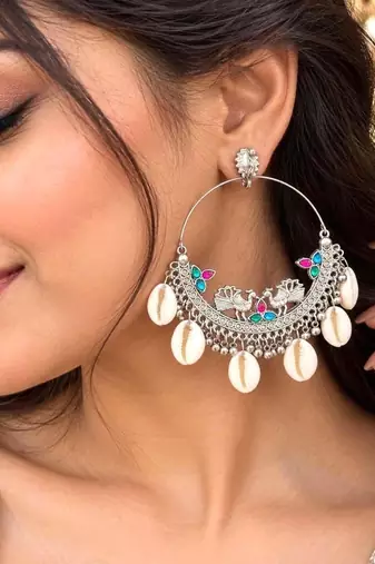 Oxidized Silver Hoop Earrings, Cowrie Shell Statement Earrings, Boho Tribal Dangle Earrings