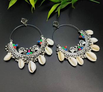 Oxidized Silver Hoop Earrings, Cowrie Shell Statement Earrings, Boho Tribal Dangle Earrings 2