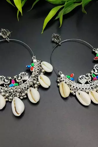 Oxidized Silver Hoop Earrings, Cowrie Shell Statement Earrings, Boho Tribal Dangle Earrings