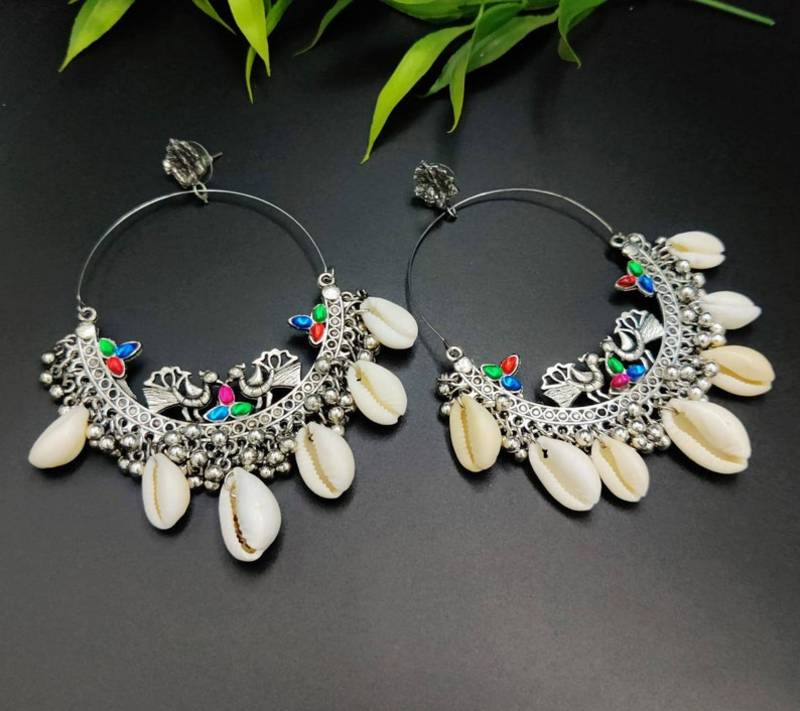 Oxidized Silver Hoop Earrings, Cowrie Shell Statement Earrings, Boho Tribal Dangle Earrings