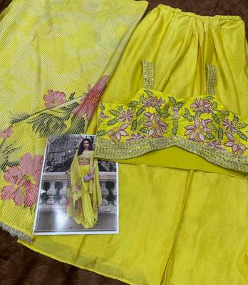 yellow sequins silk blend chiffon salwar suit - free size 4