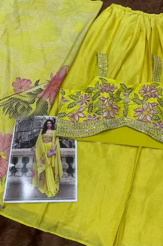 yellow sequins silk blend chiffon salwar suit - free size