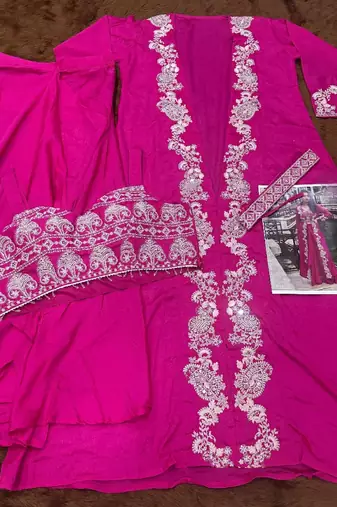 magenta sequins silk blend chiffon salwar suit - free size