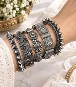 Oxidized Silver Bangle Set of 5, Indian Kada Bracelet Set, Boho Tribal openable Bangles