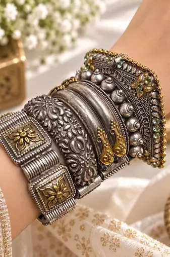 tunning Dual toned Oxidized Brass Bangle Set of 5, Indian Antique Silver Gold openable kada set