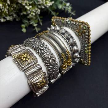 tunning Dual toned Oxidized Brass Bangle Set of 5, Indian Antique Silver Gold openable kada set 2