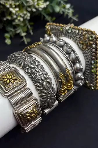 tunning Dual toned Oxidized Brass Bangle Set of 5, Indian Antique Silver Gold openable kada set