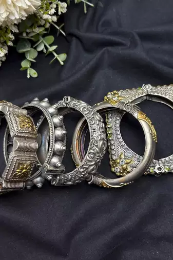 tunning Dual toned Oxidized Brass Bangle Set of 5, Indian Antique Silver Gold openable kada set