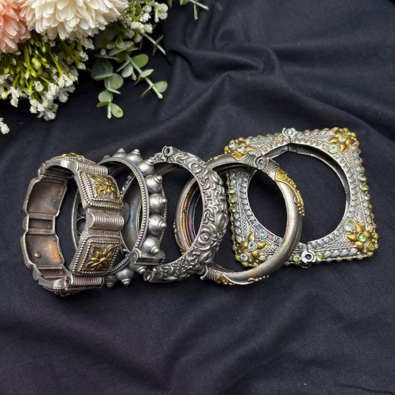 tunning Dual toned Oxidized Brass Bangle Set of 5, Indian Antique Silver Gold openable kada set