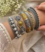 Oxidized Silver dual tone Kada Bangles Set of 5, Indian Tribal Bangles, Antique Silver Gold Bracelet Set