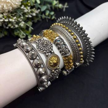 Oxidized Silver dual tone Kada Bangles Set of 5, Indian Tribal Bangles, Antique Silver Gold Bracelet Set 2
