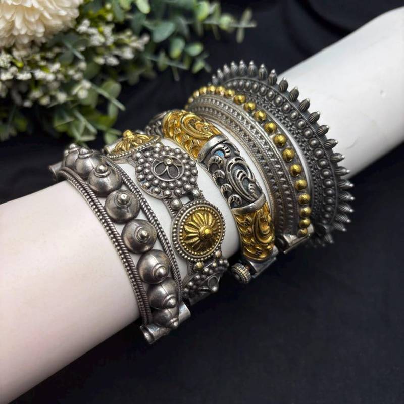 Oxidized Silver dual tone Kada Bangles Set of 5, Indian Tribal Bangles, Antique Silver Gold Bracelet Set