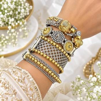 Set of 4 Dual Tone Brass Bangle Kada, Indian Oxidized Silver Gold Bangles 1