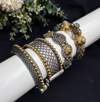 Set of 4 Dual Tone Brass Bangle Kada, Indian Oxidized Silver Gold Bangles 2