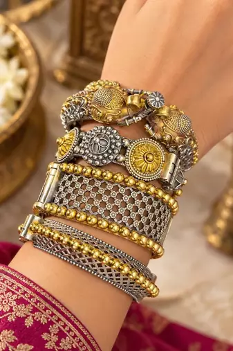 Set of 4 Dual Tone Brass Bangle Kada, Indian Oxidized Silver Gold Bangles