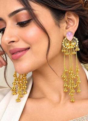 Pink Stone Peacock motif Long Chandelier Earrings, Indian Statement Earrings 1