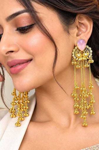Pink Stone Peacock motif Long Chandelier Earrings, Indian Statement Earrings