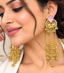 Pink Stone Peacock motif Long Chandelier Earrings, Indian Statement Earrings