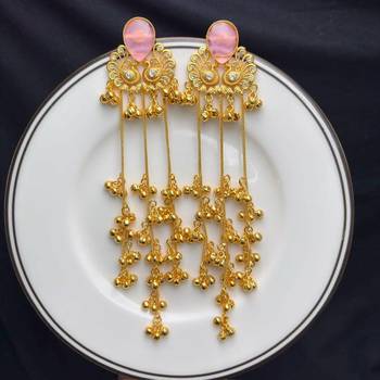 Pink Stone Peacock motif Long Chandelier Earrings, Indian Statement Earrings 2