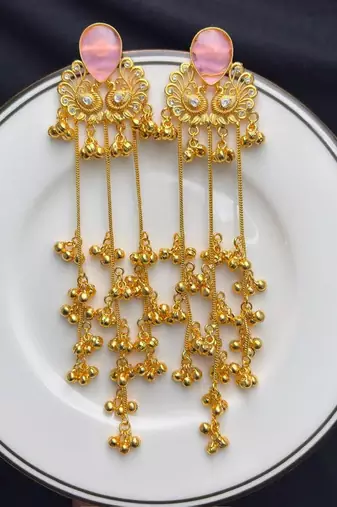 Pink Stone Peacock motif Long Chandelier Earrings, Indian Statement Earrings