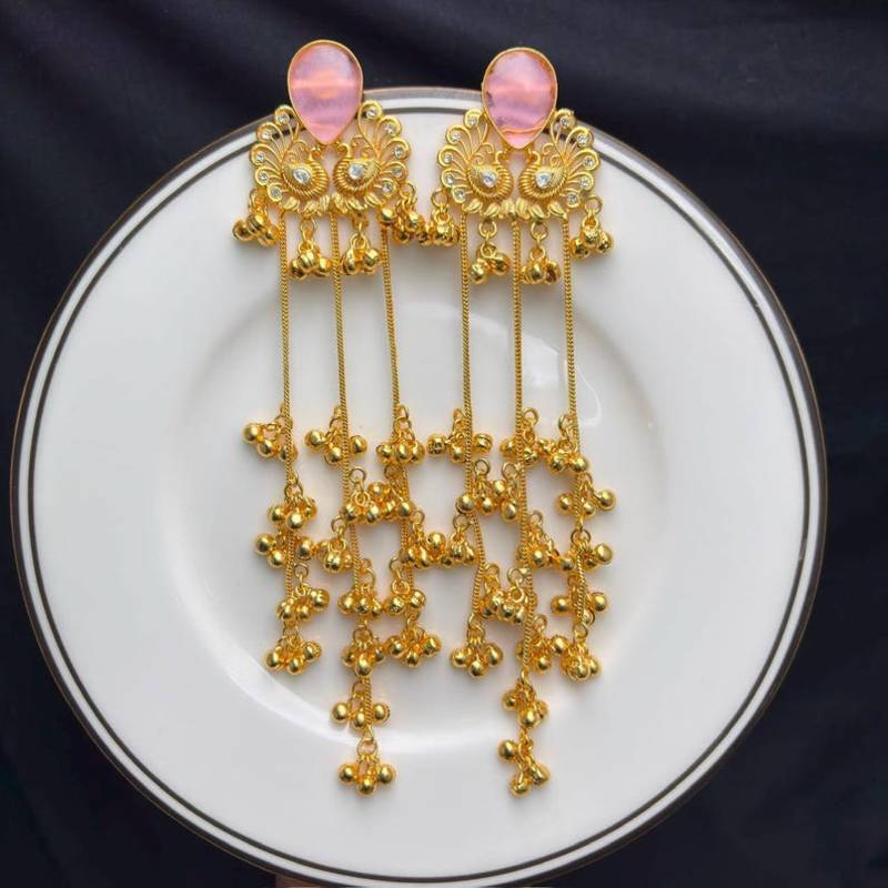 Pink Stone Peacock motif Long Chandelier Earrings, Indian Statement Earrings