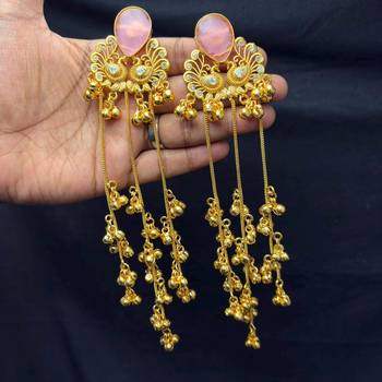 Pink Stone Peacock motif Long Chandelier Earrings, Indian Statement Earrings 3