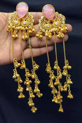 Pink Stone Peacock motif Long Chandelier Earrings, Indian Statement Earrings
