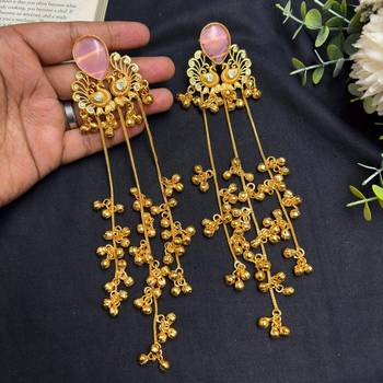 Pink Stone Peacock motif Long Chandelier Earrings, Indian Statement Earrings 4