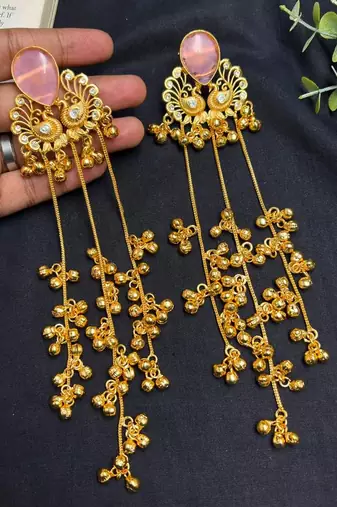 Pink Stone Peacock motif Long Chandelier Earrings, Indian Statement Earrings