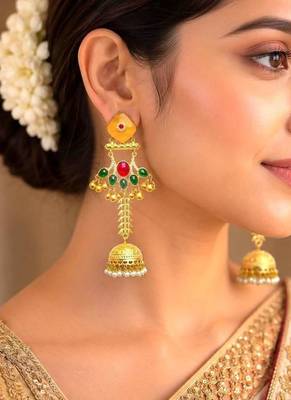 Green Red Jhumka Earrings, Long Indian Bridal Earrings, Gold Chandelier Earrings 1
