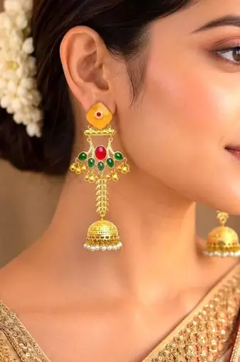 Green Red Jhumka Earrings, Long Indian Bridal Earrings, Gold Chandelier Earrings
