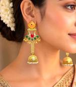 Green Red Jhumka Earrings, Long Indian Bridal Earrings, Gold Chandelier Earrings